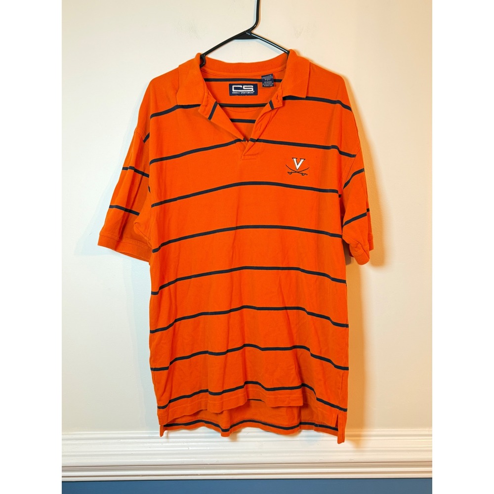 CS Sportswear Polo Shirt Mens L Virginia Cavaliers Orange Striped Short Sleeve